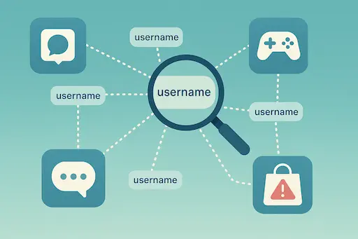 Illustration of a central username connected by dotted lines to multiple websites, symbolising how reused usernames can be tracked across the internet.