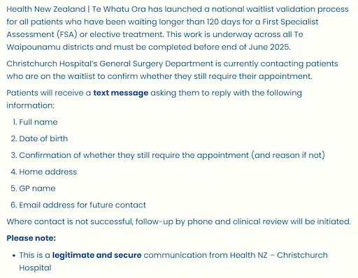 Screenshot from official Health NZ website